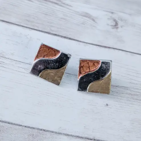Vintage Clip On Earrings Tri Tone Square