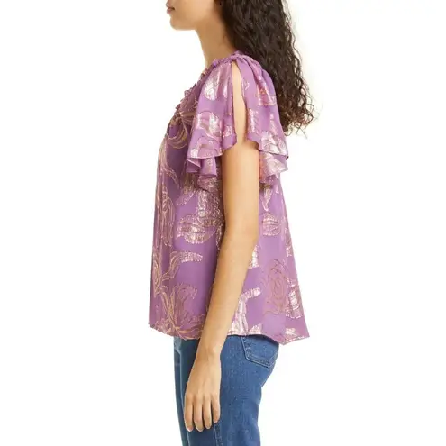 Ramy Brook  Peach Ruffle One-shoulder Silk Blend Top In Purple Jacquard Large