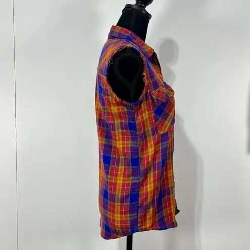 Hurley  Colorful Plaid Cut-Off Button Down Flannel Women’s Size Small - Image 4