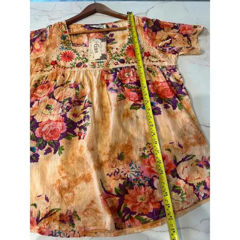 NWT Vintage Goa Square Neck Embroidered Floral Boho Top in Mango Women size Med Orange