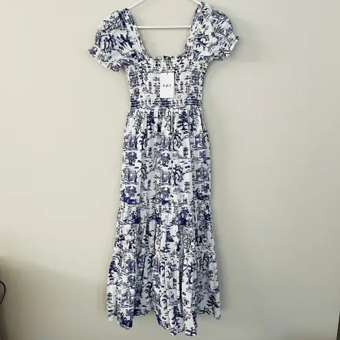 NWT O.P.T. Daphne Toile Blue White Print Tiered Midi Dress (S)