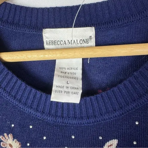 Rebecca Malone Navy Blue Red Rose Floral Long Sleeve Knit Sweater L