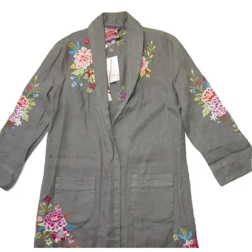 Johnny Was NWT Amara Heavy Linen Coat in Shale Floral Embroidered Open Jacket S