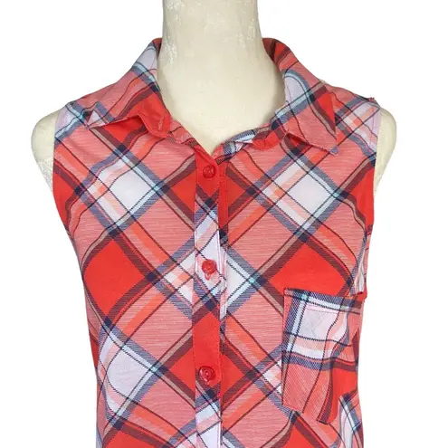 Ultra Flirt sleeveless collared button down orange white plaid top women's M