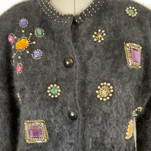 Vintage Shannon Cardigan Angora Lambswool Black Gold Bejeweled Grannycore Soft M Size M