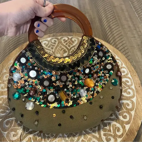 Vintage olive green beaded crescent moon bag
