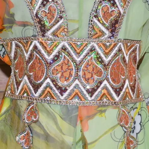 Sequin Hearts Middle East Arabian Green Floral Maxi Evening Dress Gown XL 1X Sequin Ruffles