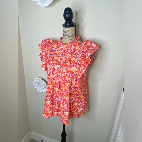 Entro NTM: Sunset Dream Mock Neck Ruffle Sleeve Babydoll Orange & Pink Top Sz M