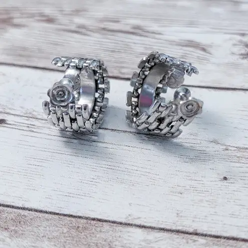 Vintage Screw On Earrings Chunky Silver Tone Hoops