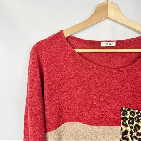 First Love Boutique Red & Black Leopard Pocket Long Sleeve Knit Top M