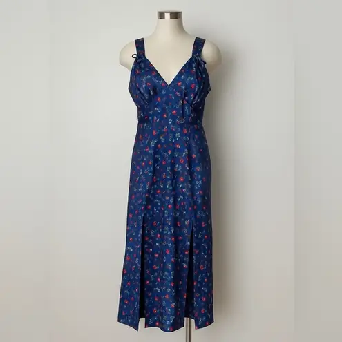 Vintage Miss Elaine Blue Floral Maxi Nightgown Large Satin Slip Dress Cottage