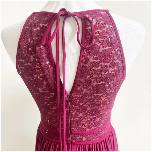 Morgan & Co Size Small Keyhole Sequins Tie Back Halter Maxi Dress Prom Maroon Red