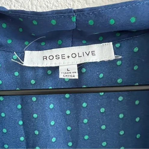 Rose + Olive  Blue Based with Green Polka Dot V Neck Top Office Work Business L