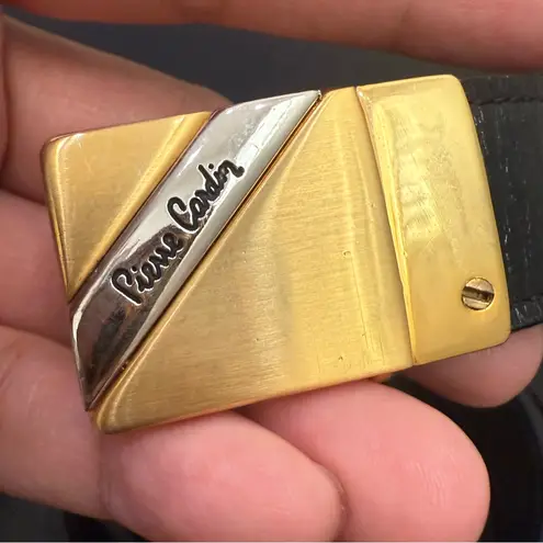 Pierre Cardin Vintage Gold Buckle Black Leather Belt Size 34