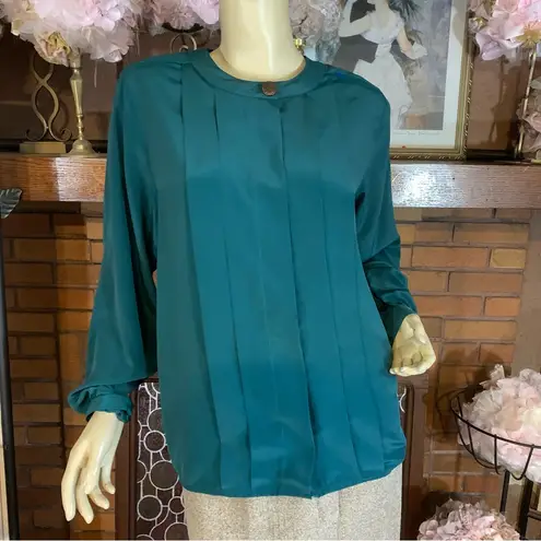 VINTAGE 1980'S LINDSEY BLAKE DARK TEAL PANEL PLEATED BUTTON DOWN BLOUSE (10) Green