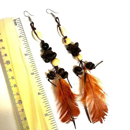 Mexican Coffee Bean shell Extra Long Feather Earrings