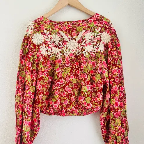 Free People  co-ord set Nyomi Embroidered Floral Mini Skirt Crop Top Red pink