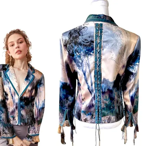 VTG. Y2K BOHO CHIC CORSET FAIRY LACE UP VELVET LINED BLAZER JACKET SZ. 8 MEDIUM Blue