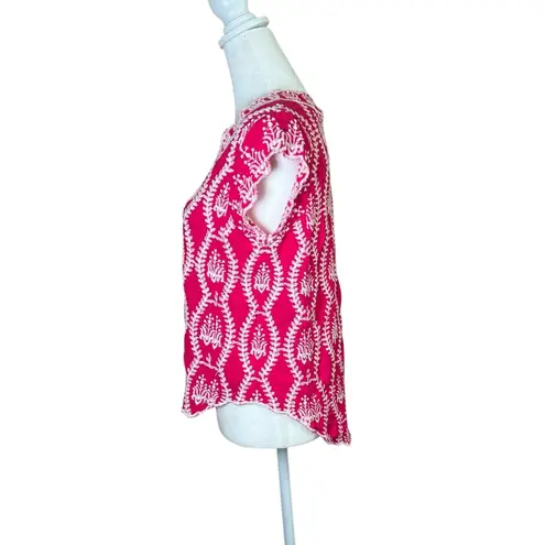 Solitaire Anthropologie Embroidered Top Boho Short Cap Sleeve Hand Stitched Sz L