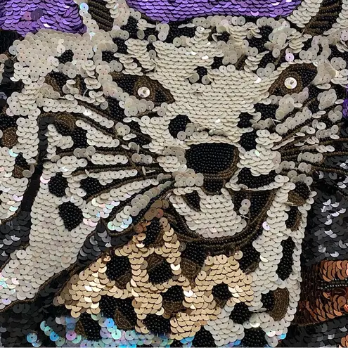 Vintage Fully Sequinned & Beaded Wild Cat Leopard Dolman Sleeve Silk Top Size S Black