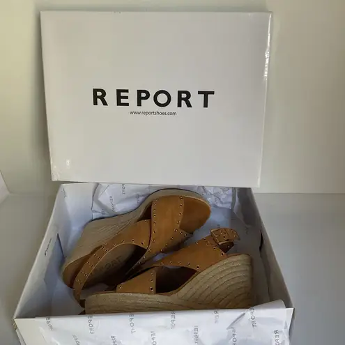 Report Wedge Sandals Caden Espadrille Studded Tan Platform Peep Toe Boxed Sz 7