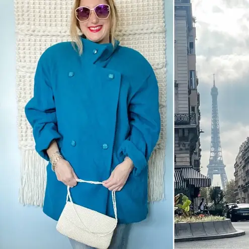 Vintage 100% Wool Vibrant Teal Blue Double Breasted Pea Coat Plus Size 16