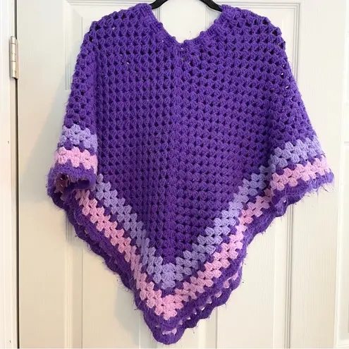 None Granny Square Crochet Purple Poncho One Size Pom Poms Grannycore