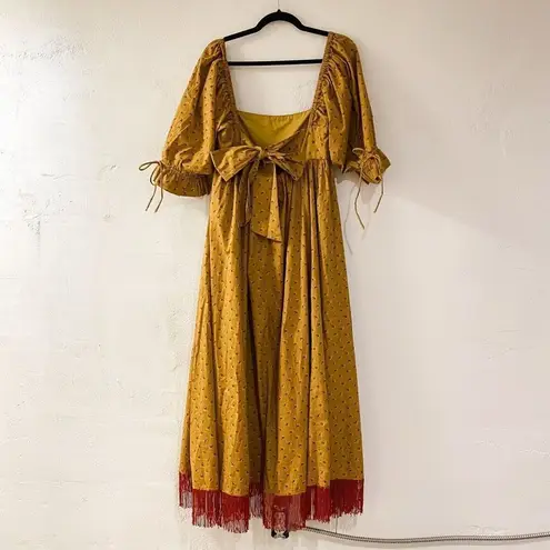 Eddy Jocelyn Puff Sleeve Fringe Dress in Honeycomb Rose Floral Medium NWT Gold