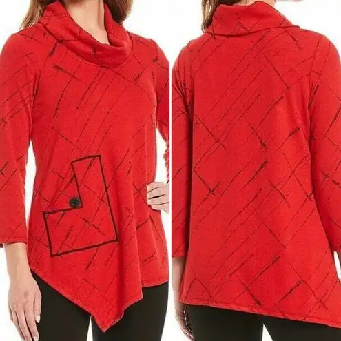 Ali Miles RUBY Size 2X Red/Black Asymmetric Knit Tunic Top Cowl Neck Art to Wear Red