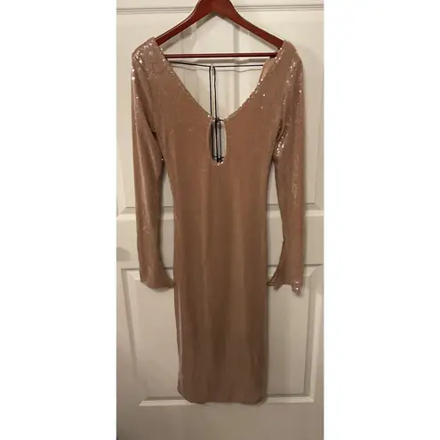 NWOT Meilun Deep V Dress Drawstring Long Sleeve Sequin Dress Long Gown, sz M Gold Size M
