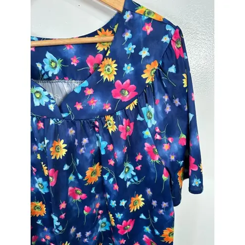 Lounge Vintage Womens 1X Top MuuMuu Shirt Short Sleeve Hawaiian Floral Blue