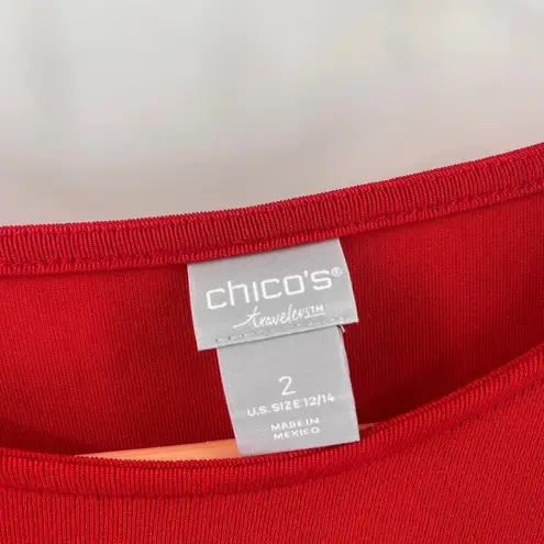 Chico's  TRAVELERS Shirt Size 12/14 Top Red Black Colorblock Wave Travel Vacation