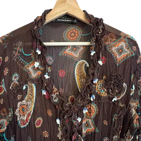 Essentials by Milano Womens Y2K Fairy Paisley Beaded Top Size XL Button Up Boho Brown