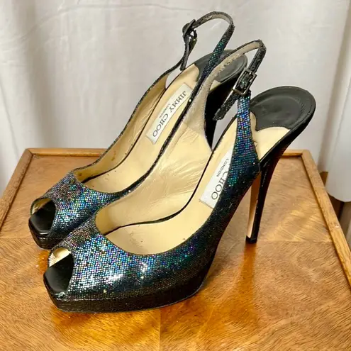 Jimmy Choo Black Glitter Peep Toe Slingback Heels Size 37/US 7