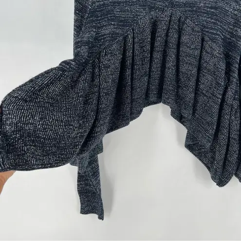 Lost Ink Metallic Ruffled Shark Bite Crop Bell Sleeve Pleated Babydoll Sweater Blue Size XS