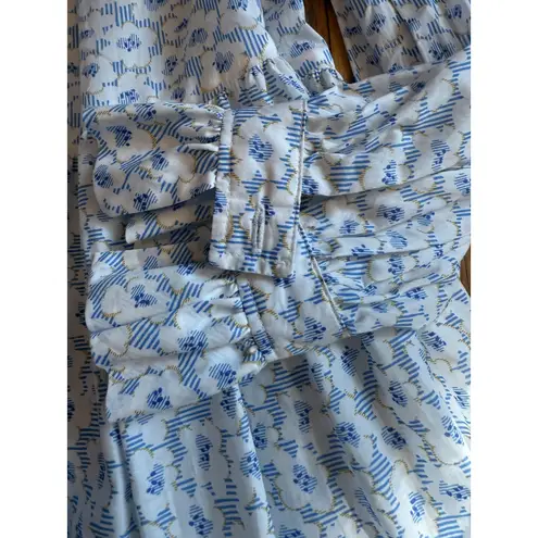 Tish Cox Dress Womens XXS White Blue Floral Ruffle Neck Long Sleeve Tiered Boho