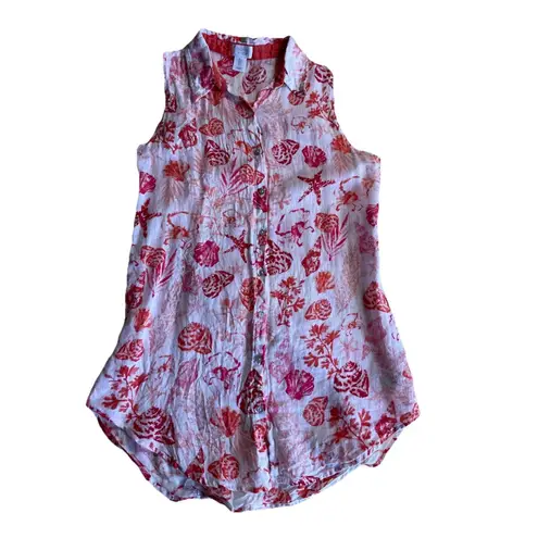 Sigrid Olsen 100% Linen Shirt Dress Size Small Red White Shell Ocean Print