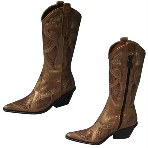 Donald Pliner Western Gold Metallic Leather Intricate Stitch Boot New $750 NWT Size 6.5