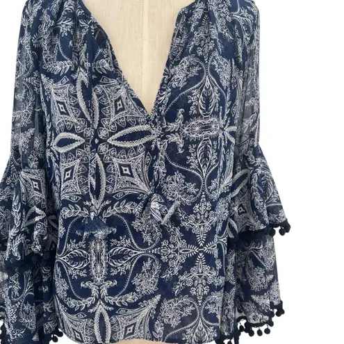 MISA Los Angeles Maya Bell-Sleeve Top Paisley Pom Trim Navy Blue Size XS
