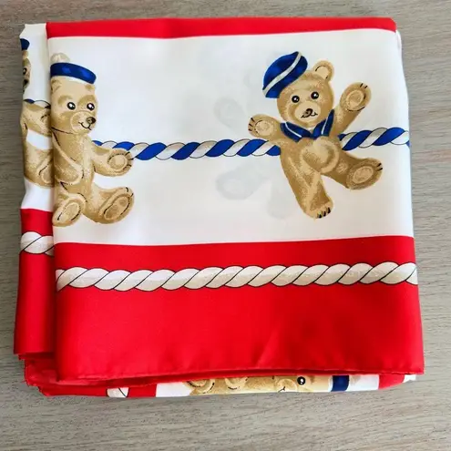 Vintage Large Square Teddy Bear Scarf Red White Blue Made In Italy 34.5” X 34.5”