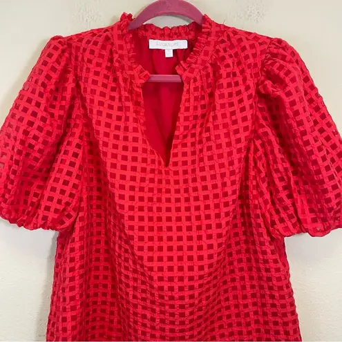 Sugar Lips  Sheer Gingham Organza Split V-Neck Puff Sleeve Blouse Red Size XS