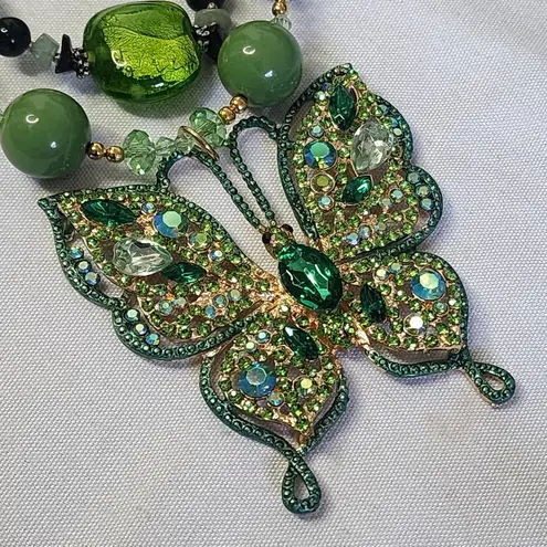 Handcrafted Green Double Strand Butterfly Necklace Bracelet Earrings Set