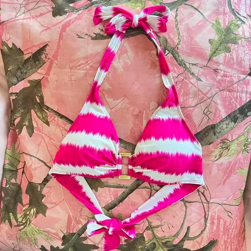 Ralph Lauren y2k  hot pink striped gold ring halter bikini top