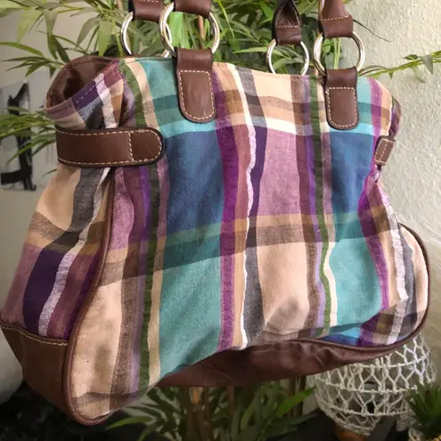 2000s Y2K quirky retro Multicolored colorful plaid shoulder hand bag purse brown leather trim silver hardware