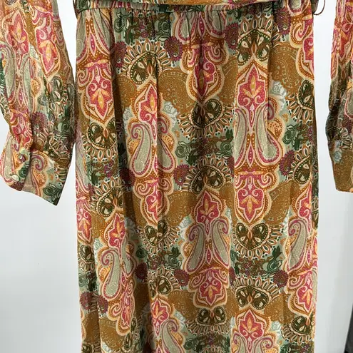 Justin Boots Pink tan maxi wrap Sheath Dress Bishop Sleeves paisley M ruffle