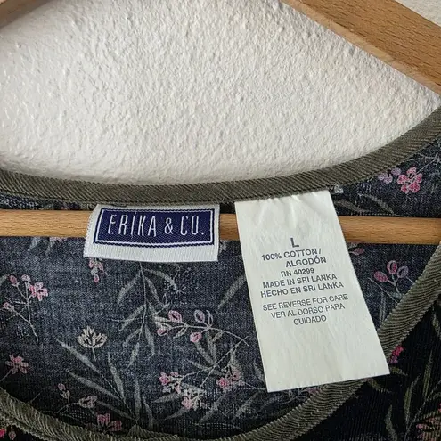 Erika & Co Vintage 90s Black Floral Corduroy Cotton Midi Cottagecore Dress Sz L Size L