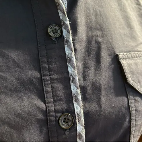 Elly navy blue short sleeve button down top blue gingham accents size 46 (L) Size L