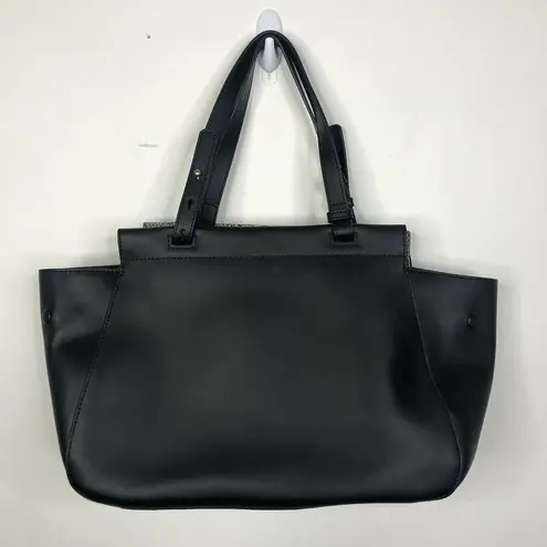 H by Halston Black Gray Smooth Leather Satchel with Snake Embossed Flap