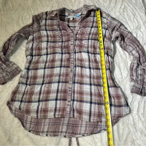 Vintage X America Size L Nadia Embellished Plaid Button Top Rustic Cozy Cabin White Size L