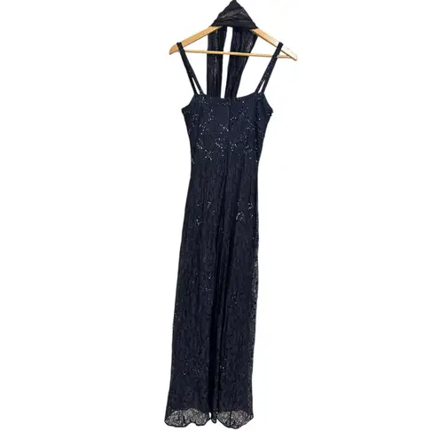 Rimini by Shaw women's y2k vintage navy sequined lace formal prom dress size 4 Blue